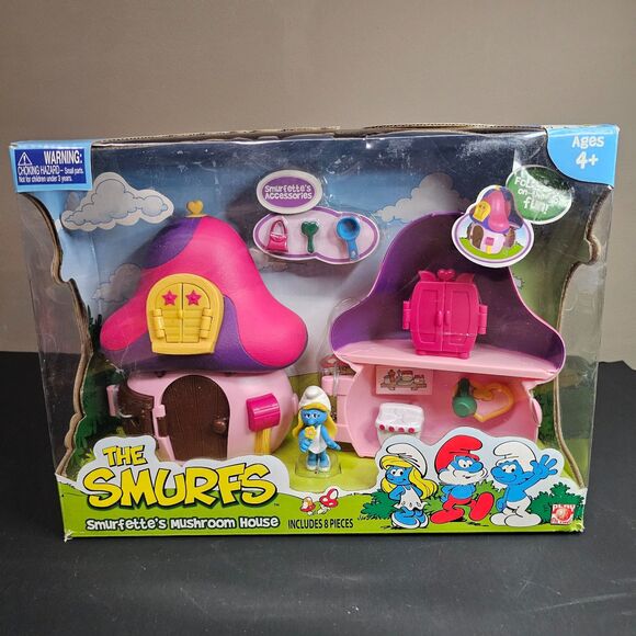 NIB Smurfette Mushroom House Articulated Playset 6 pc Jakks Pacific 2008 Smurfs